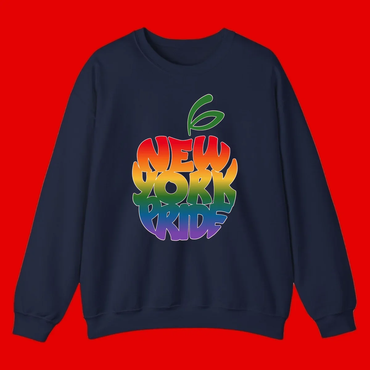 New York Pride apple design with rainbow gradient colors from red to purple and green leaves on top
