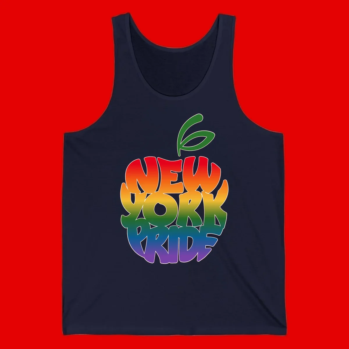 New York Pride apple design with rainbow gradient colors from red to purple and green leaves on top