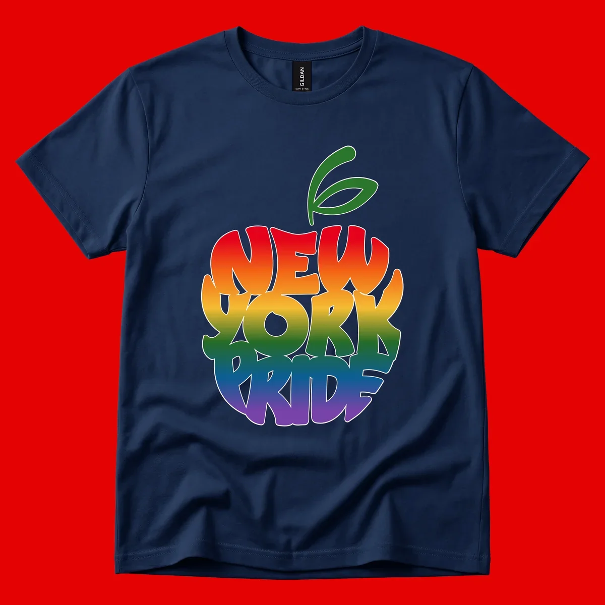 New York Pride apple design with rainbow gradient colors from red to purple and green leaves on top