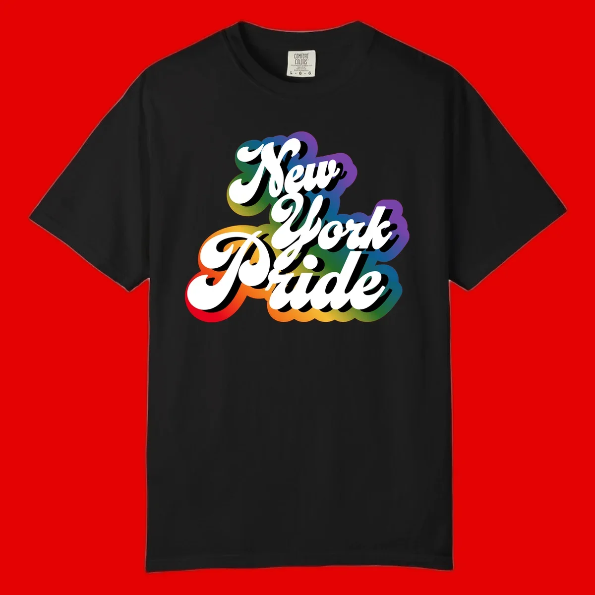 New York Pride retro design with bold white text and rainbow gradient background in pride colors