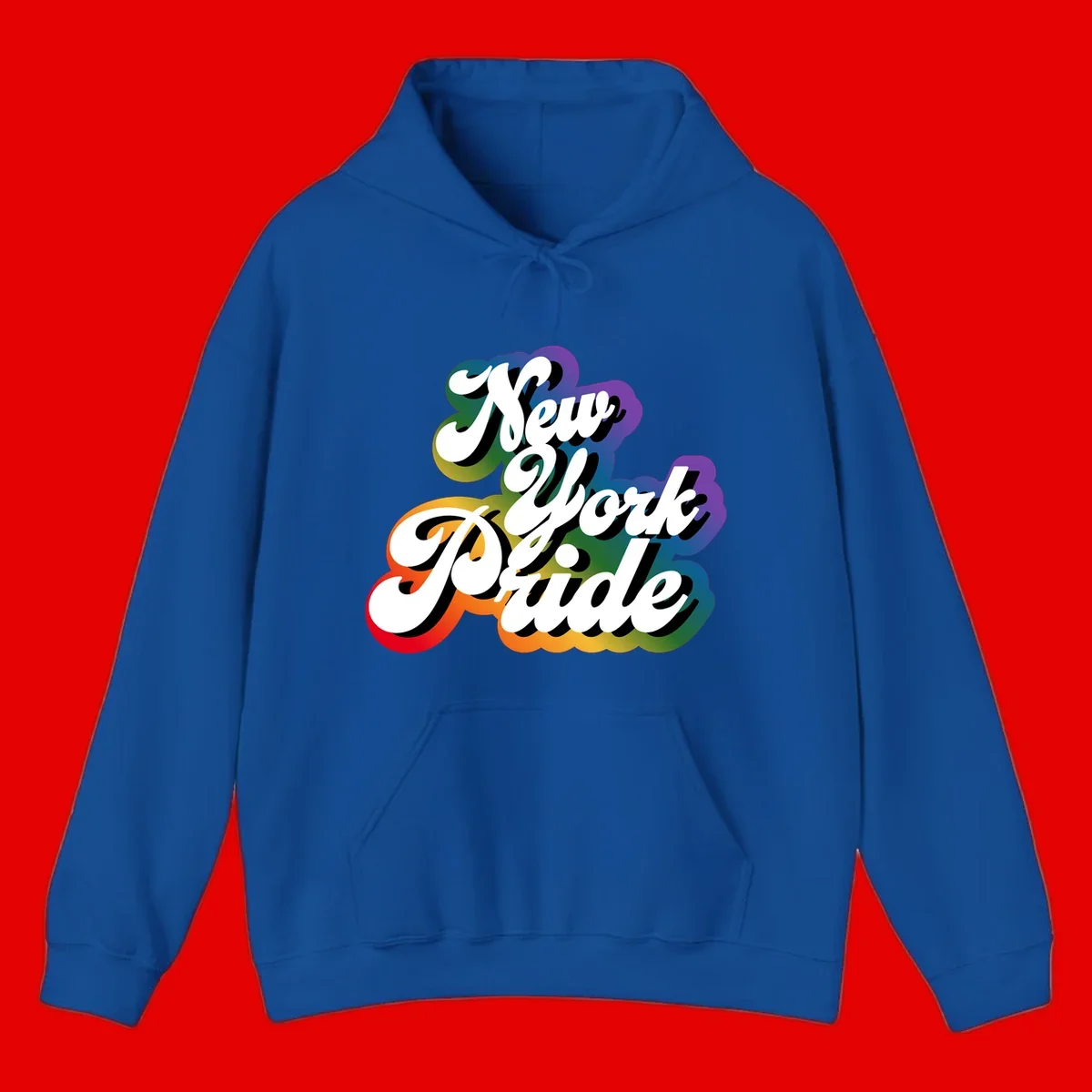 New York Pride retro design with bold white text and rainbow gradient background in pride colors