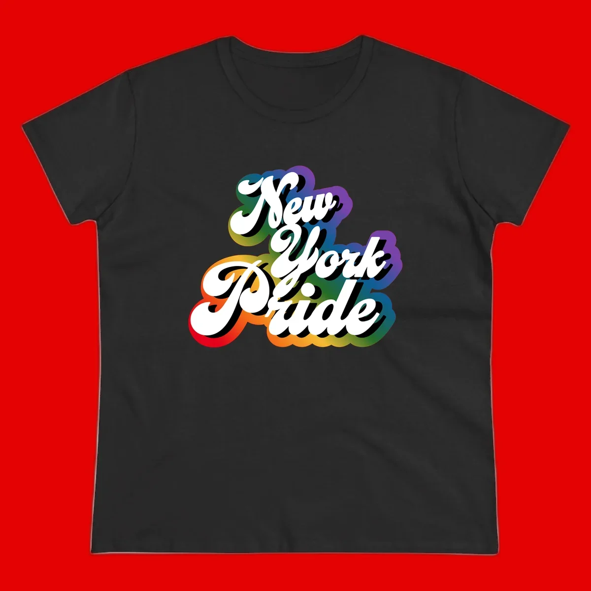 New York Pride retro design with bold white text and rainbow gradient background in pride colors