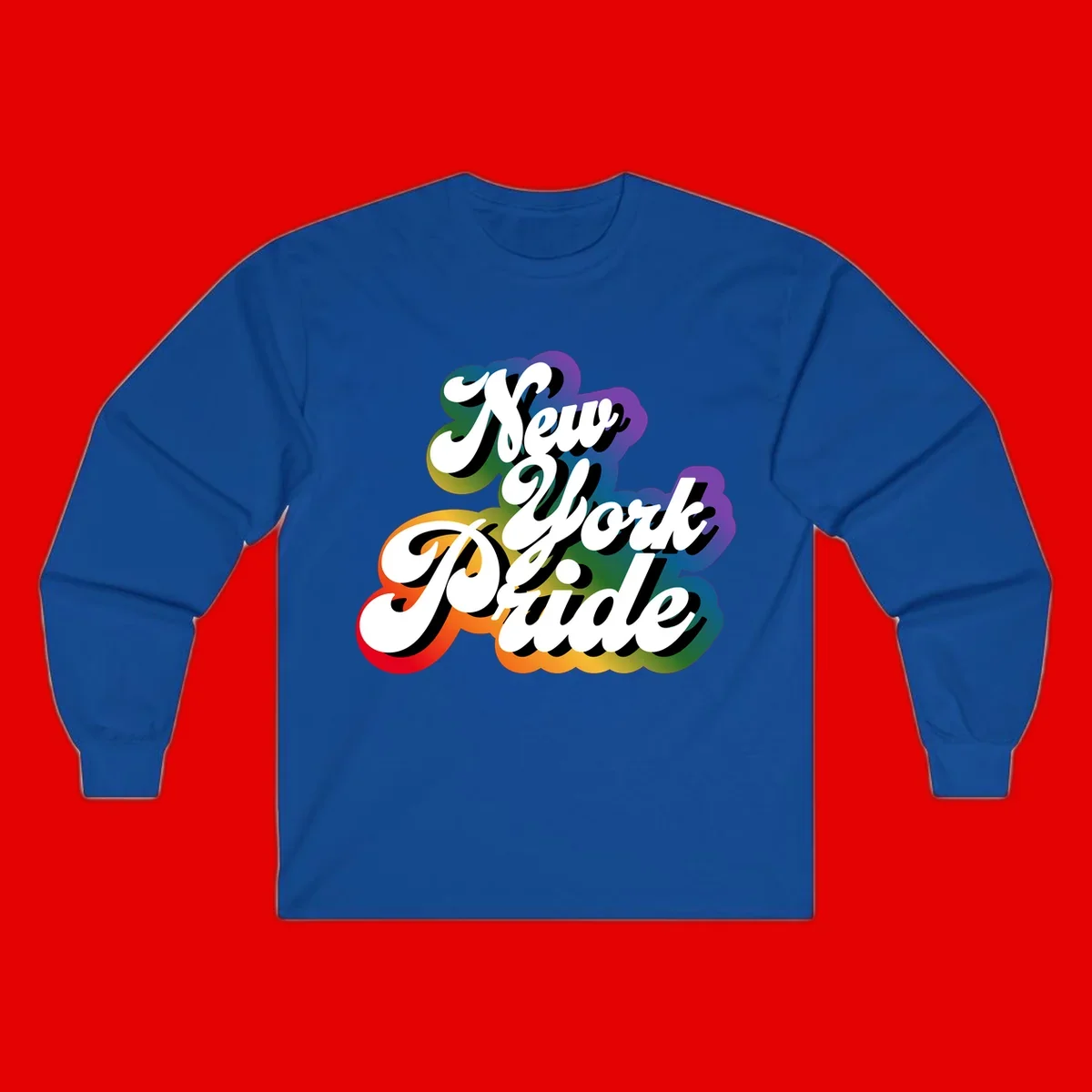 New York Pride retro design with bold white text and rainbow gradient background in pride colors