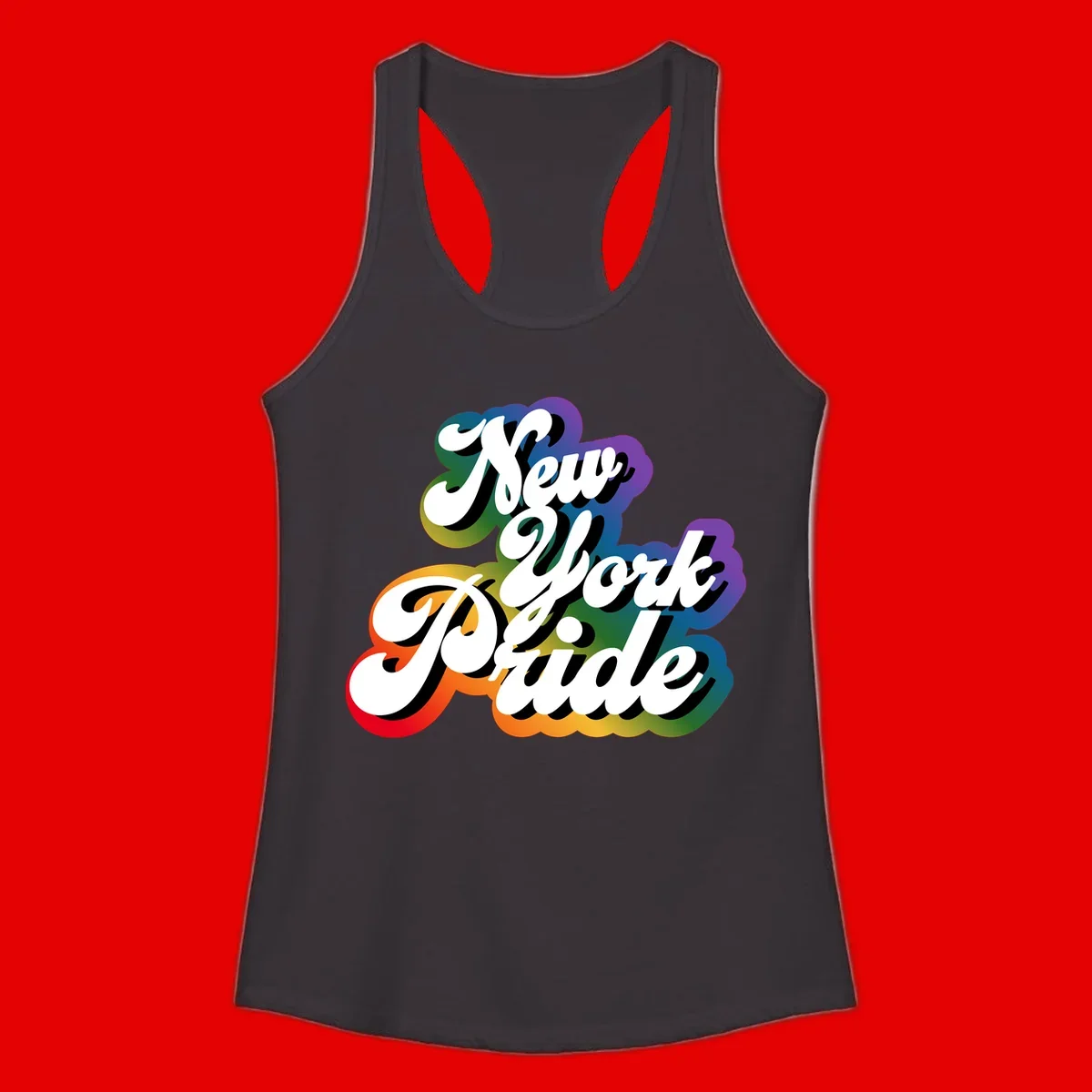 New York Pride retro design with bold white text and rainbow gradient background in pride colors