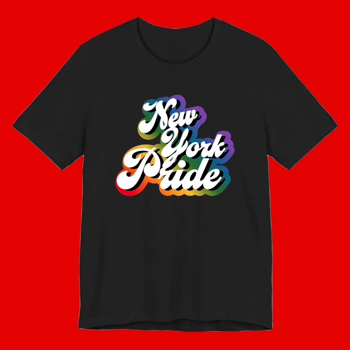 New York Pride retro design with bold white text and rainbow gradient background in pride colors