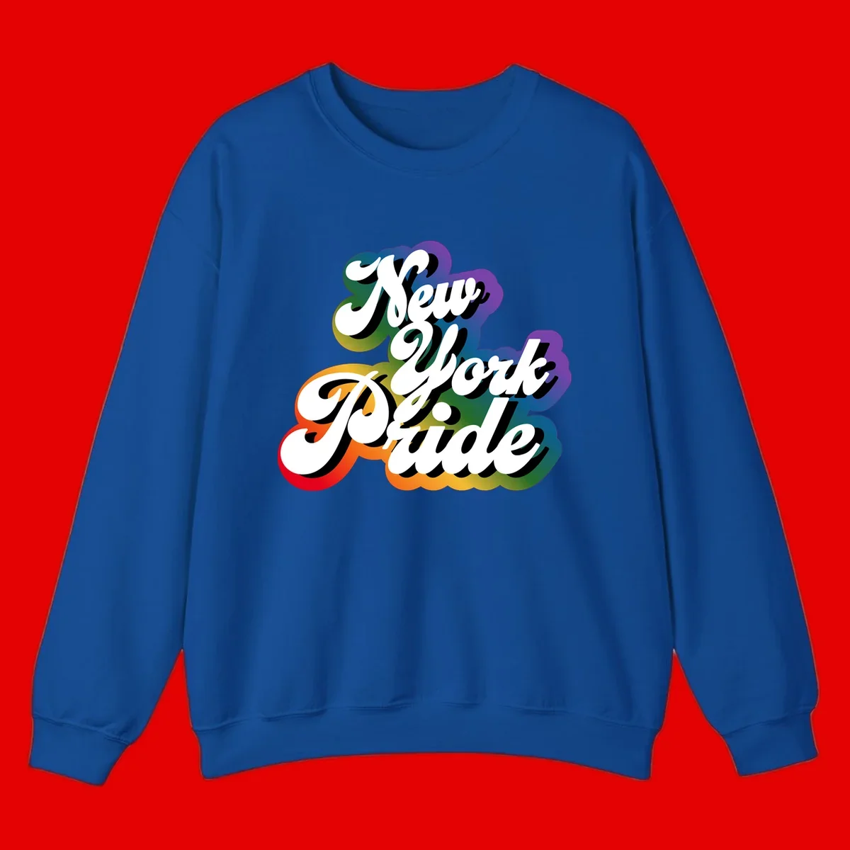 New York Pride retro design with bold white text and rainbow gradient background in pride colors