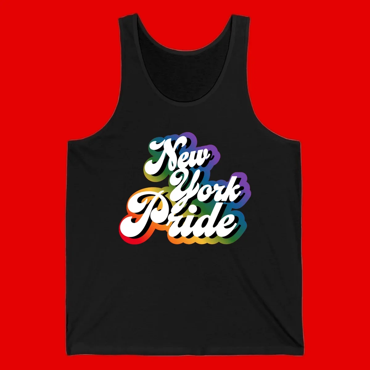New York Pride retro design with bold white text and rainbow gradient background in pride colors
