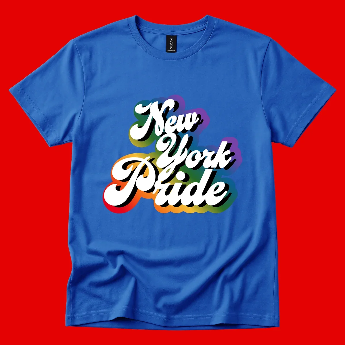 New York Pride retro design with bold white text and rainbow gradient background in pride colors