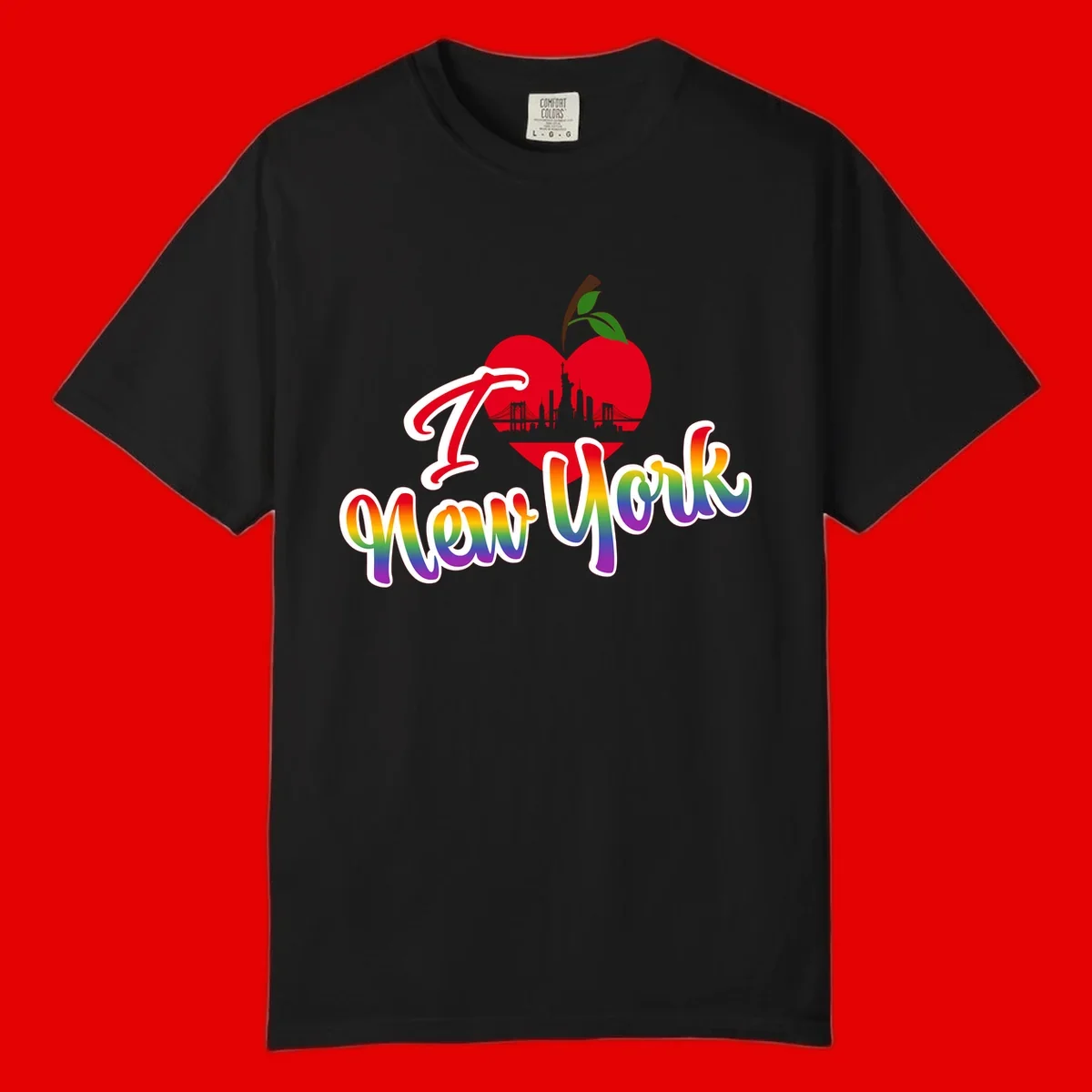 I Love New York Pride design featuring red apple with NYC skyline and rainbow gradient text celebrating LGBTQ+ pride