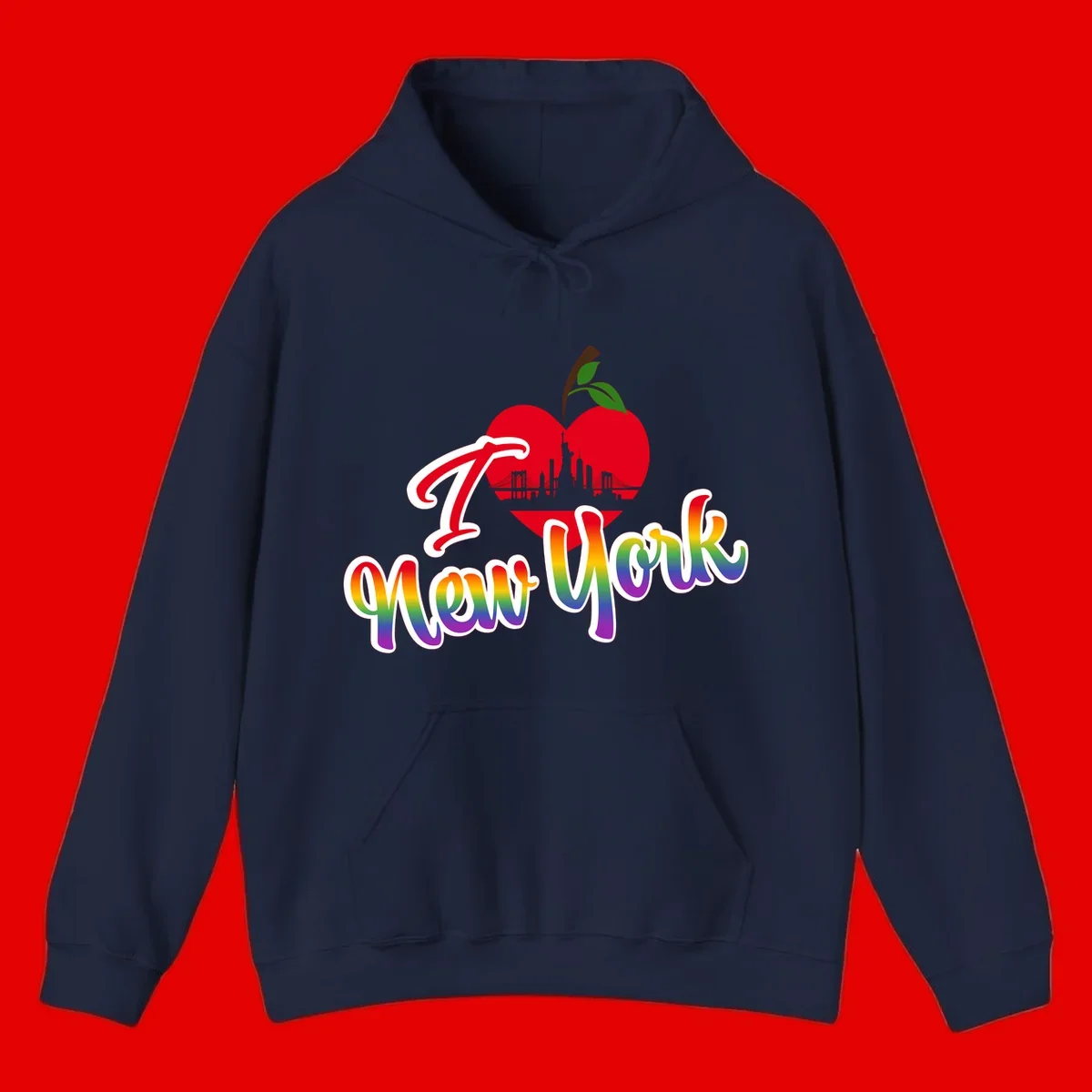 I Love New York Pride design featuring red apple with NYC skyline and rainbow gradient text celebrating LGBTQ+ pride