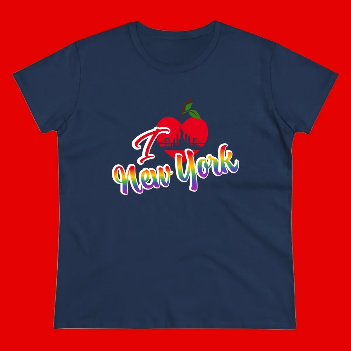 I Love New York Pride design featuring red apple with NYC skyline and rainbow gradient text celebrating LGBTQ+ pride