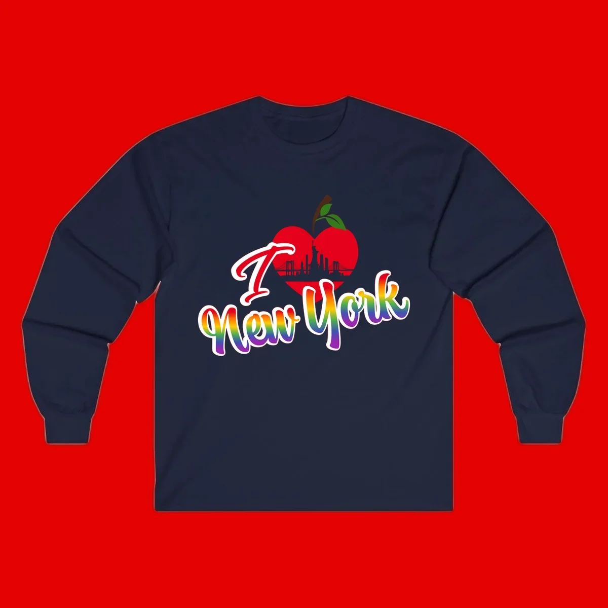 I Love New York Pride design featuring red apple with NYC skyline and rainbow gradient text celebrating LGBTQ+ pride