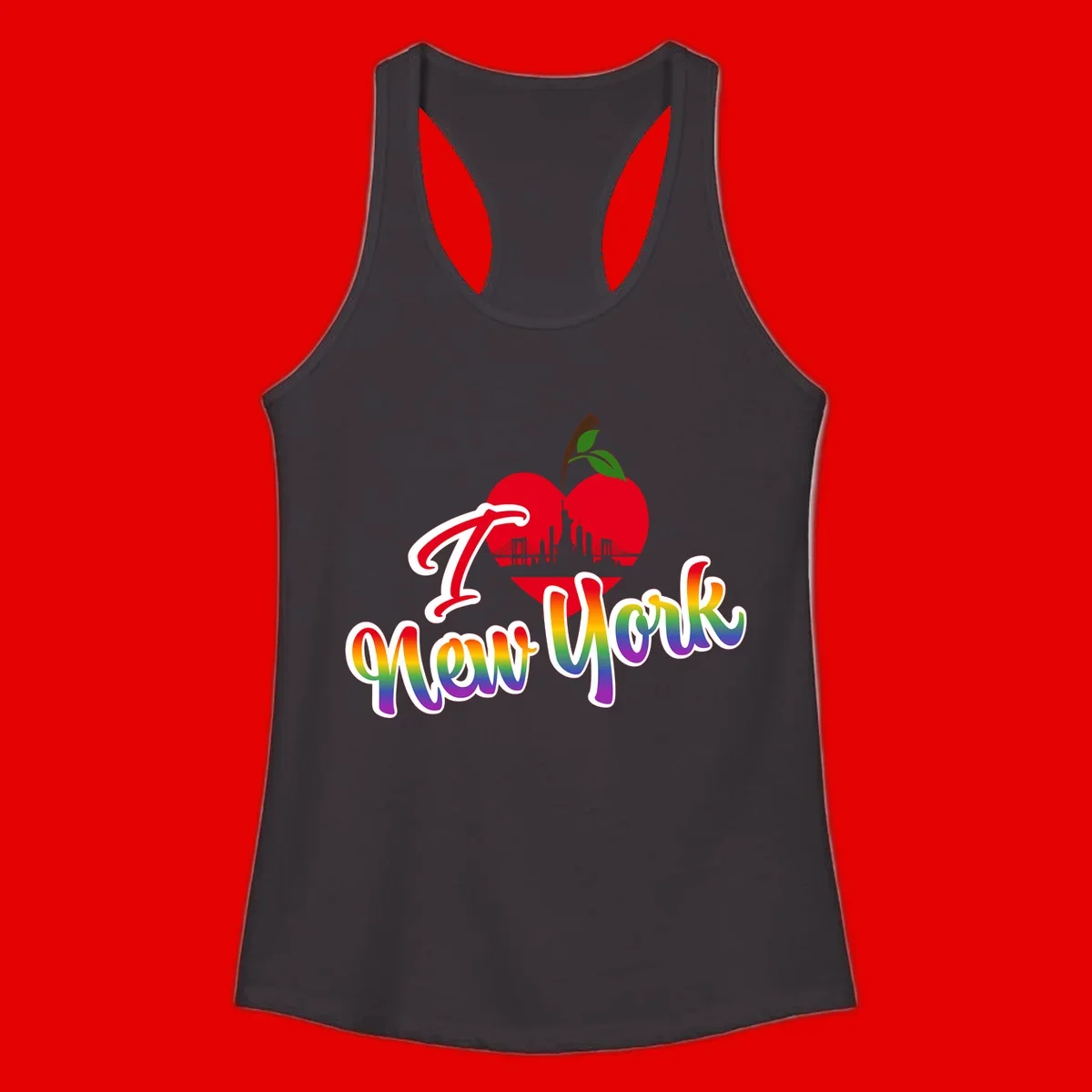 I Love New York Pride design featuring red apple with NYC skyline and rainbow gradient text celebrating LGBTQ+ pride