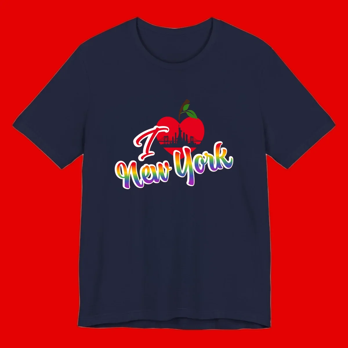 I Love New York Pride design featuring red apple with NYC skyline and rainbow gradient text celebrating LGBTQ+ pride