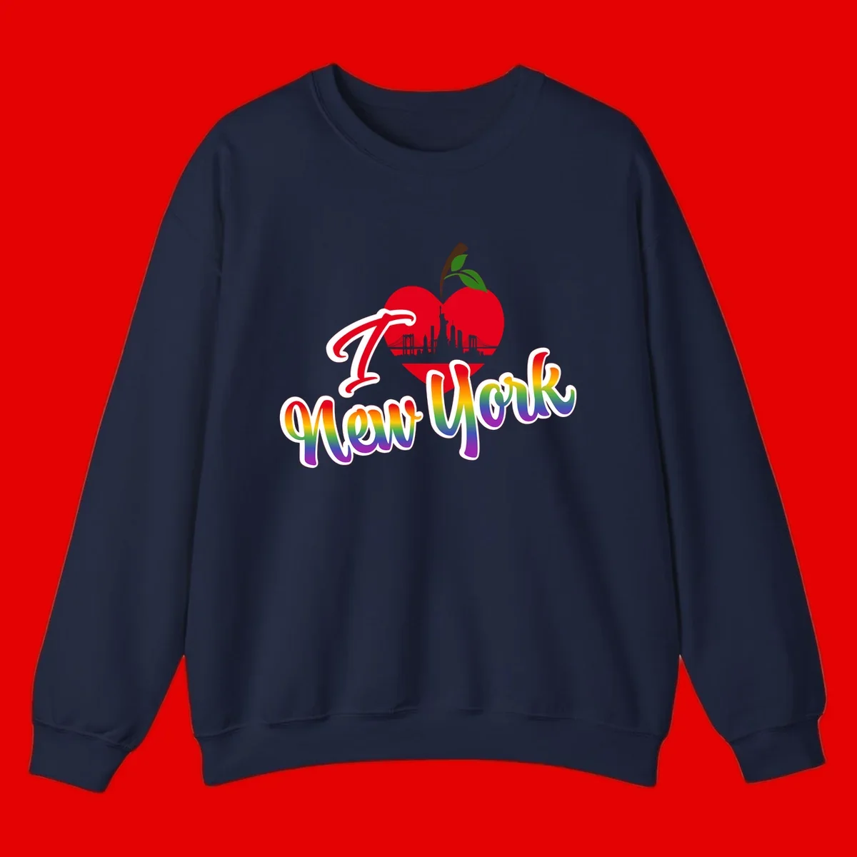 I Love New York Pride design featuring red apple with NYC skyline and rainbow gradient text celebrating LGBTQ+ pride