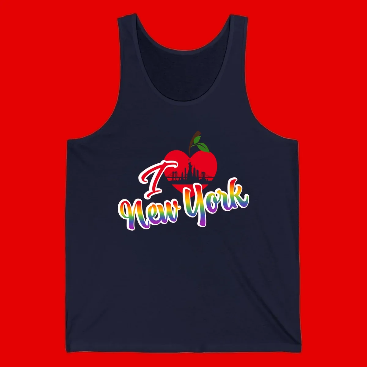 I Love New York Pride design featuring red apple with NYC skyline and rainbow gradient text celebrating LGBTQ+ pride