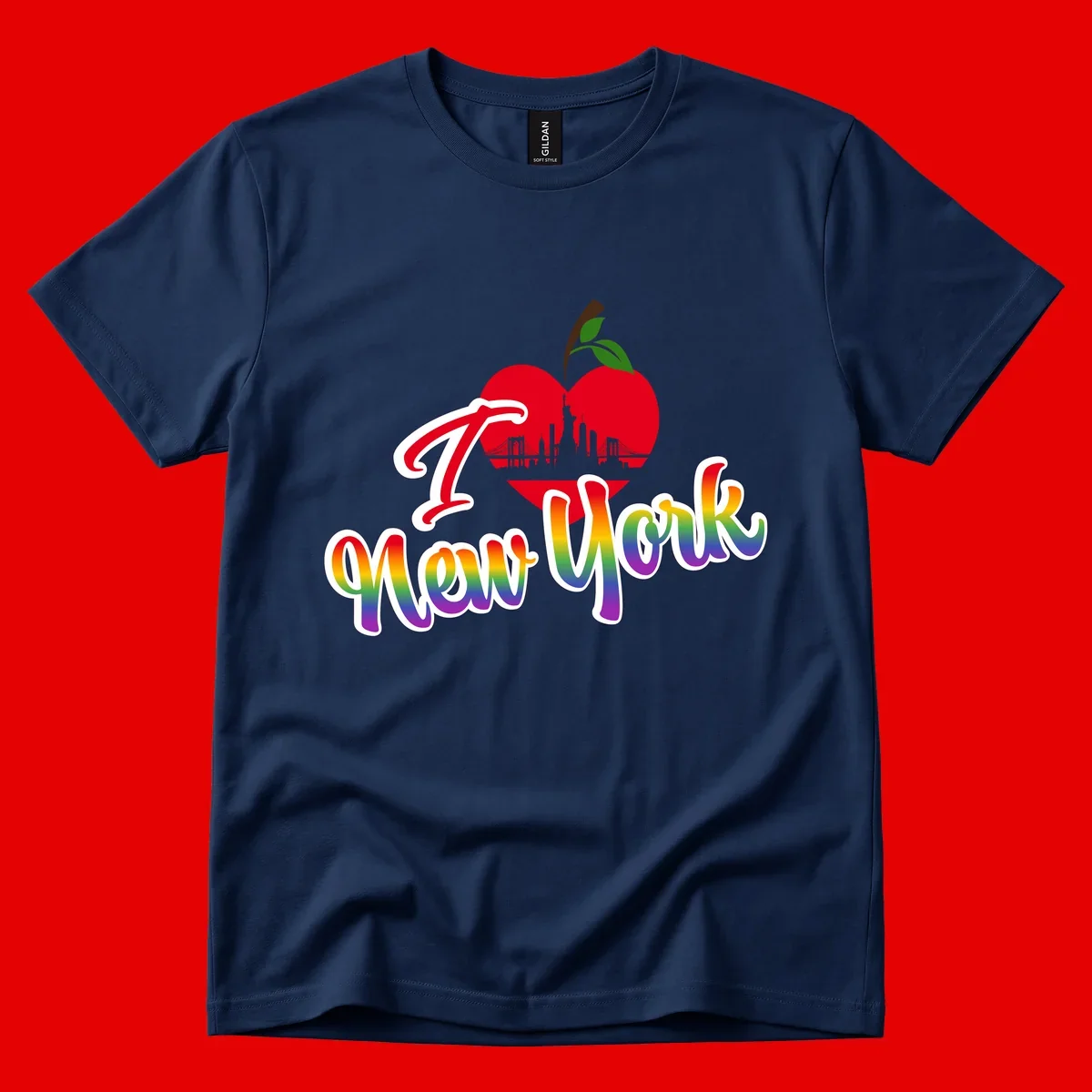 I Love New York Pride design featuring red apple with NYC skyline and rainbow gradient text celebrating LGBTQ+ pride