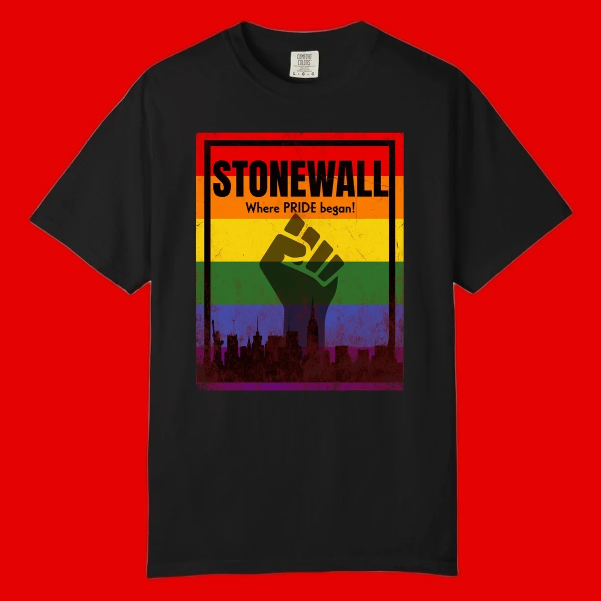 Stonewall pride history design: raised fist against rainbow flag with NYC skyline and 'Where Pride began' text