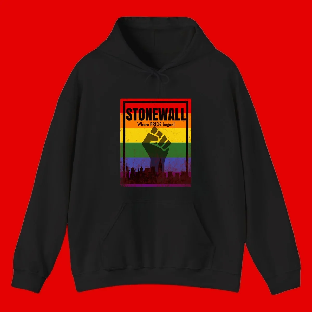 Stonewall pride history design: raised fist against rainbow flag with NYC skyline and 'Where Pride began' text