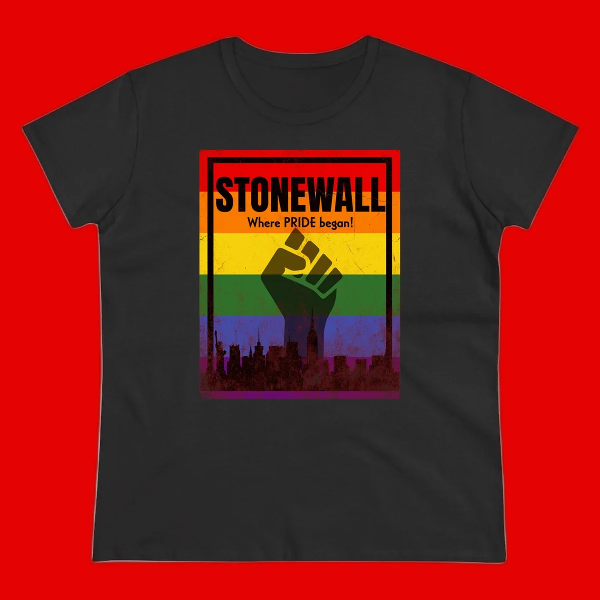 Stonewall pride history design: raised fist against rainbow flag with NYC skyline and 'Where Pride began' text