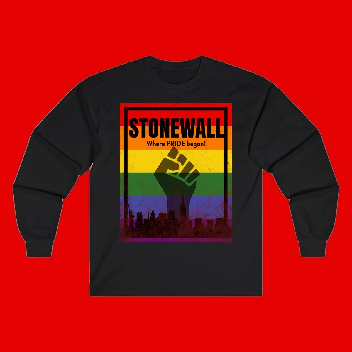 Stonewall pride history design: raised fist against rainbow flag with NYC skyline and 'Where Pride began' text