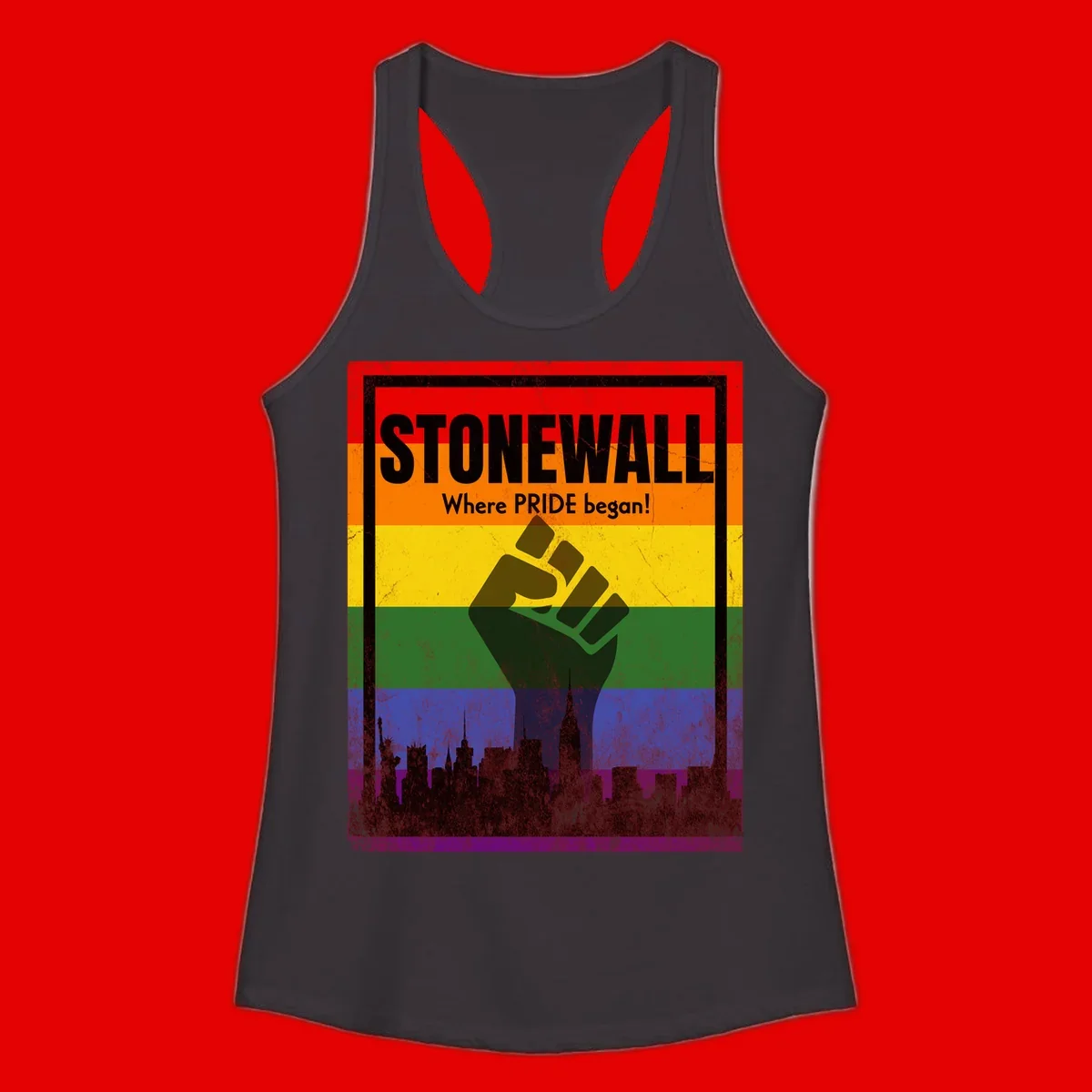 Stonewall pride history design: raised fist against rainbow flag with NYC skyline and 'Where Pride began' text