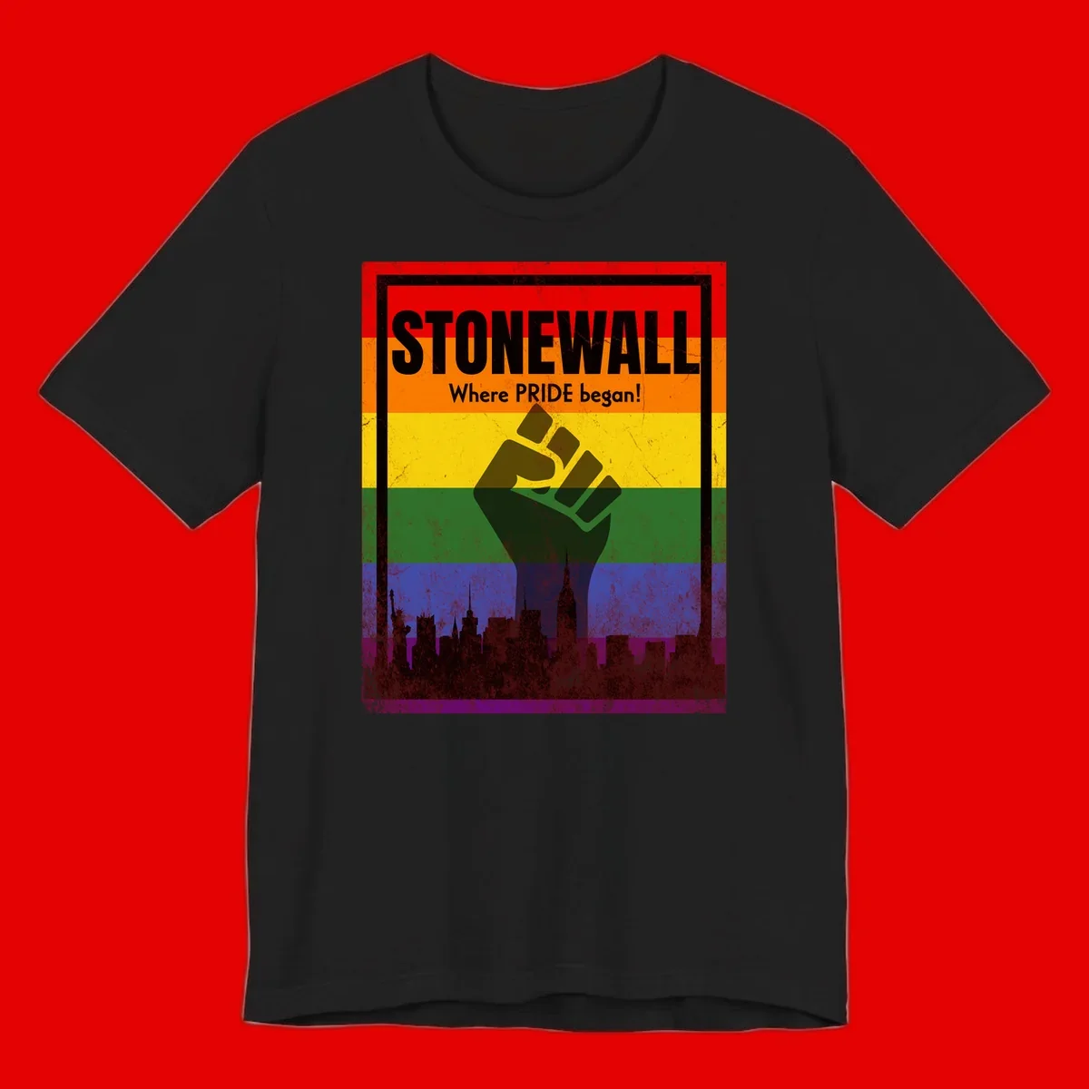 Stonewall pride history design: raised fist against rainbow flag with NYC skyline and 'Where Pride began' text