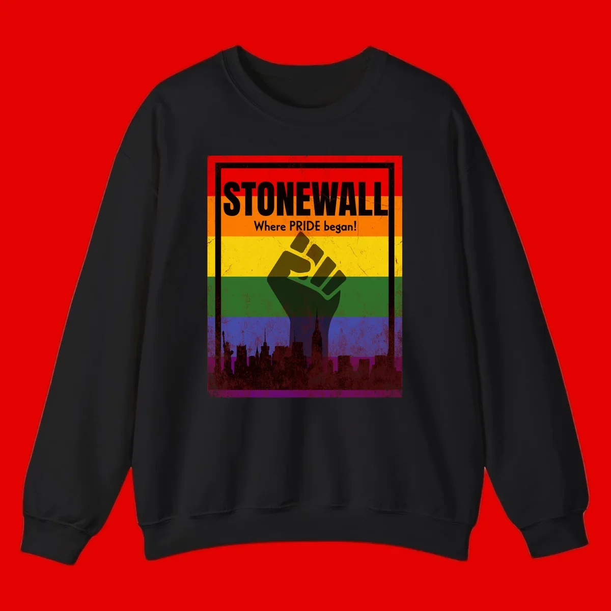 Stonewall pride history design: raised fist against rainbow flag with NYC skyline and 'Where Pride began' text