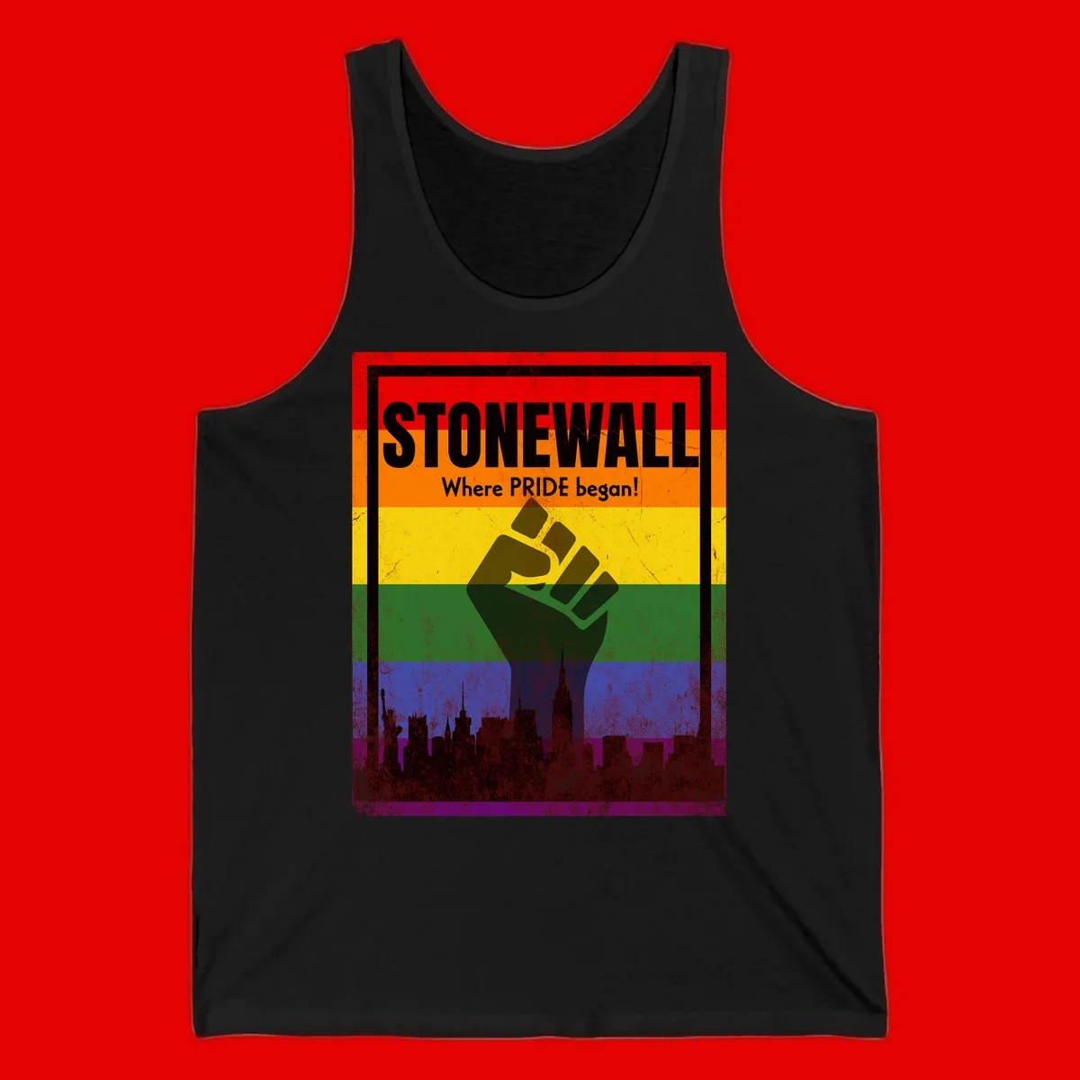 Stonewall pride history design: raised fist against rainbow flag with NYC skyline and 'Where Pride began' text