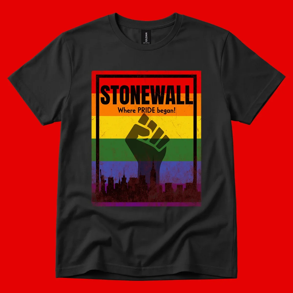 Stonewall pride history design: raised fist against rainbow flag with NYC skyline and 'Where Pride began' text