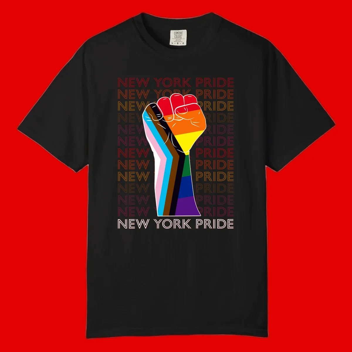 Raised fist in rainbow pride colors with pink, cyan, brown, and black diversity stripes on gray background with New York Pride text