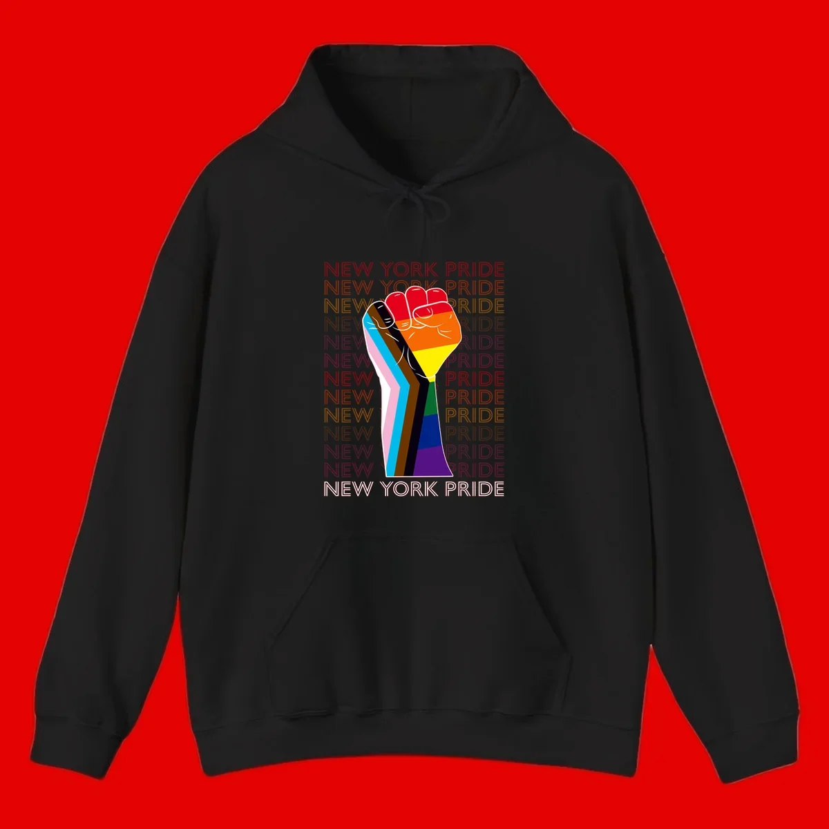 Raised fist in rainbow pride colors with pink, cyan, brown, and black diversity stripes on gray background with New York Pride text