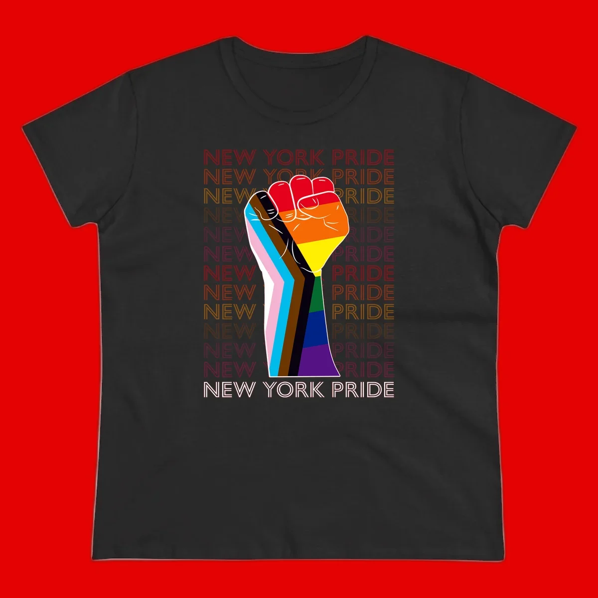 Raised fist in rainbow pride colors with pink, cyan, brown, and black diversity stripes on gray background with New York Pride text