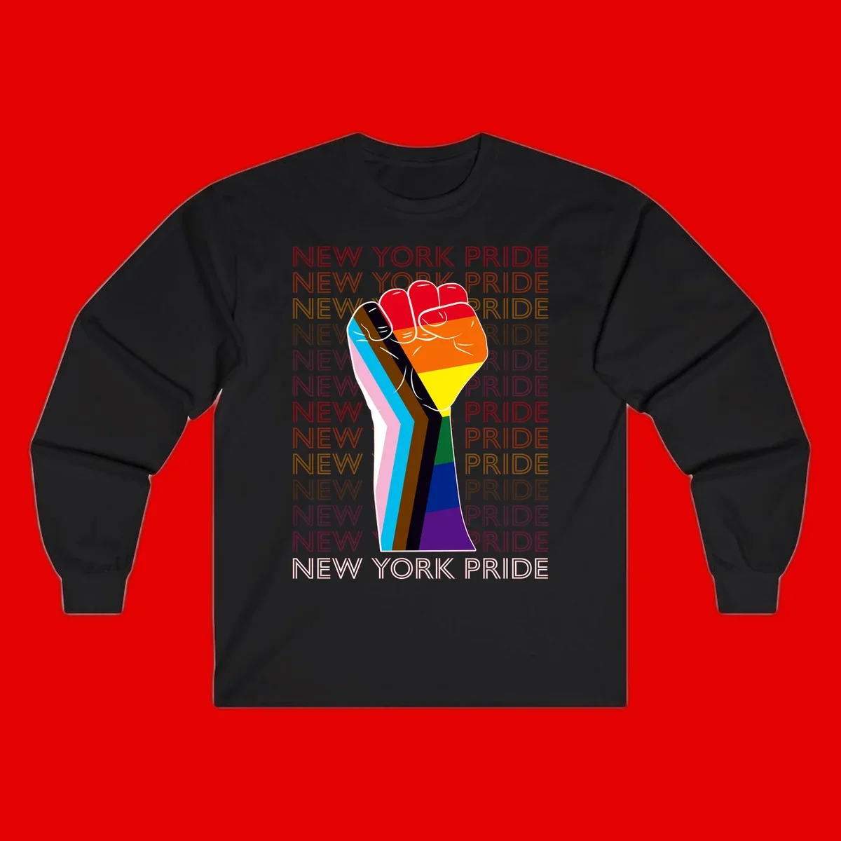 Raised fist in rainbow pride colors with pink, cyan, brown, and black diversity stripes on gray background with New York Pride text