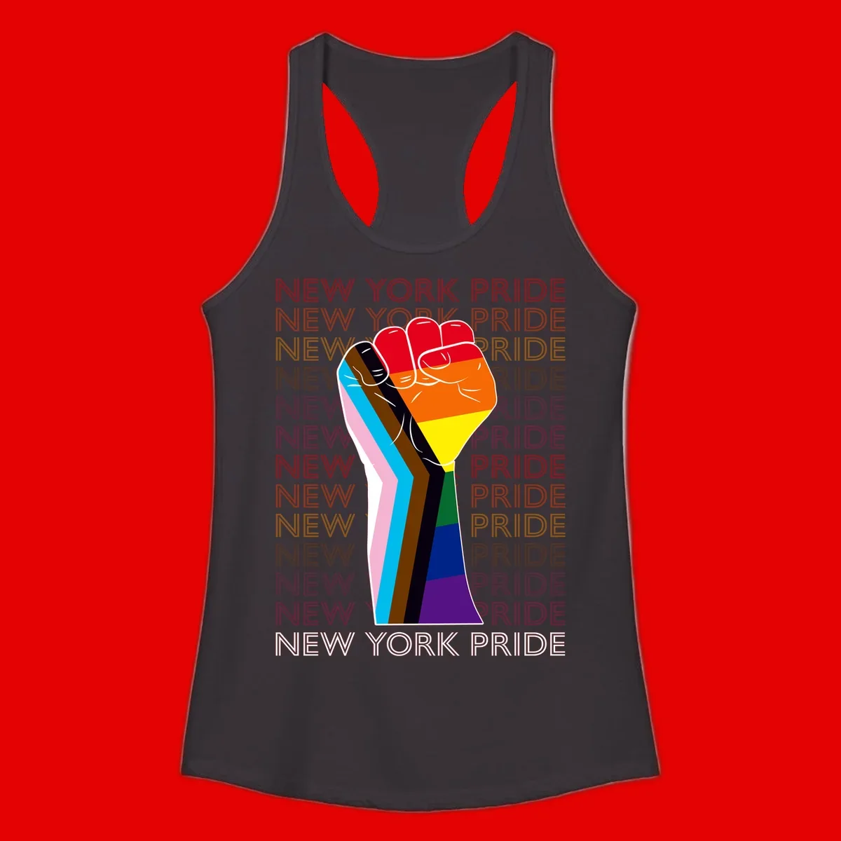 Raised fist in rainbow pride colors with pink, cyan, brown, and black diversity stripes on gray background with New York Pride text