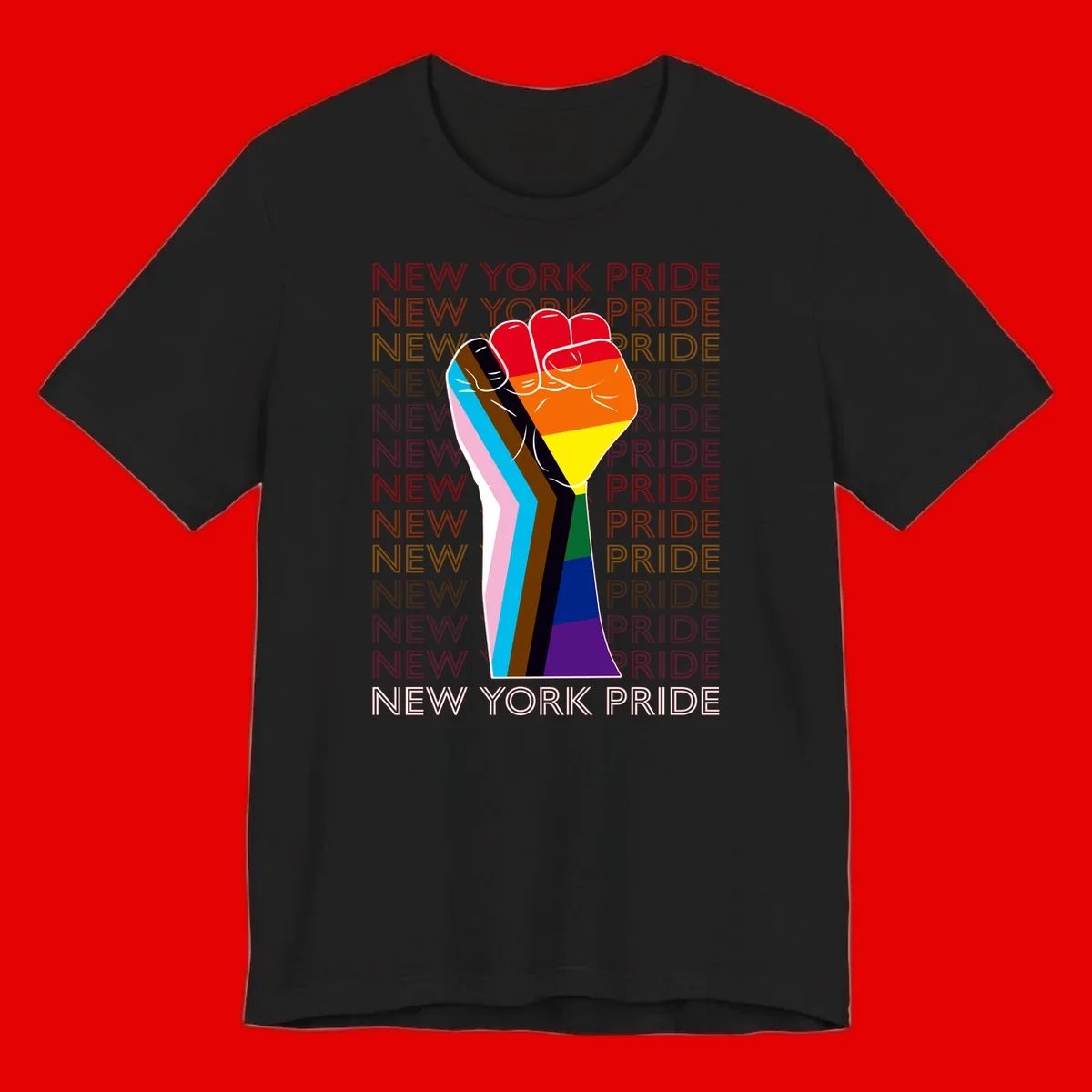 Raised fist in rainbow pride colors with pink, cyan, brown, and black diversity stripes on gray background with New York Pride text