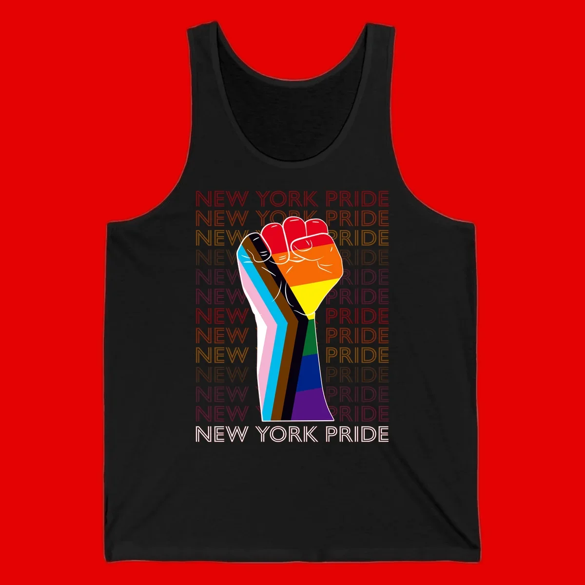 Raised fist in rainbow pride colors with pink, cyan, brown, and black diversity stripes on gray background with New York Pride text