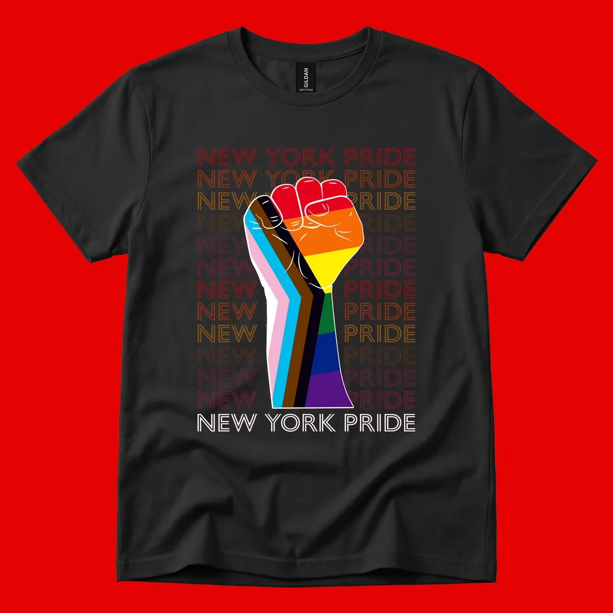 Raised fist in rainbow pride colors with pink, cyan, brown, and black diversity stripes on gray background with New York Pride text