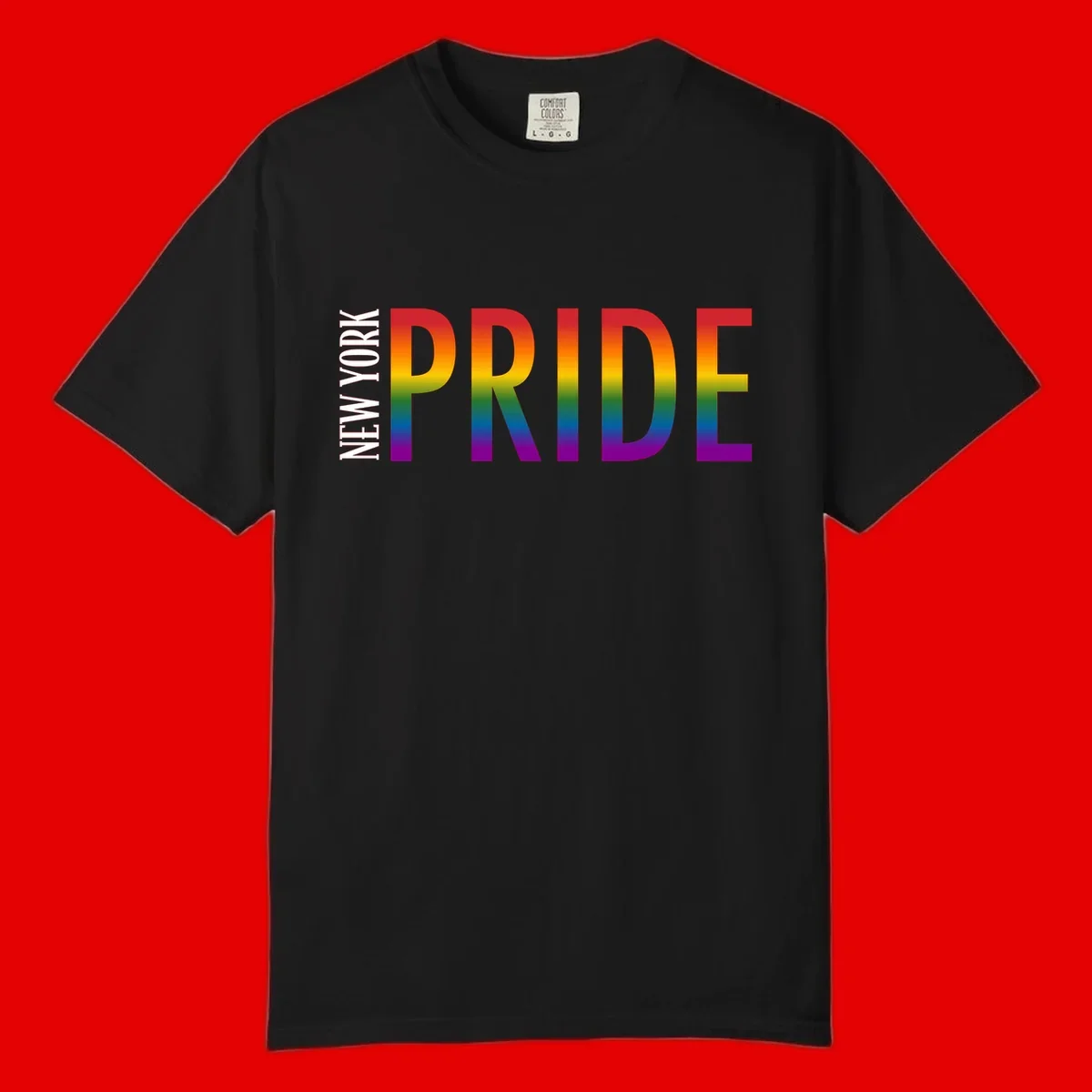 Pride rainbow gradient text design with bold letters transitioning through red, orange, yellow, green, blue, and purple spectrum colors