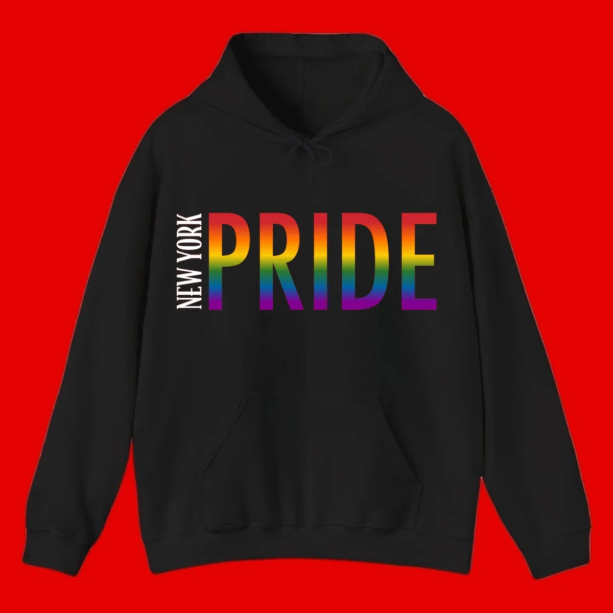 Pride rainbow gradient text design with bold letters transitioning through red, orange, yellow, green, blue, and purple spectrum colors