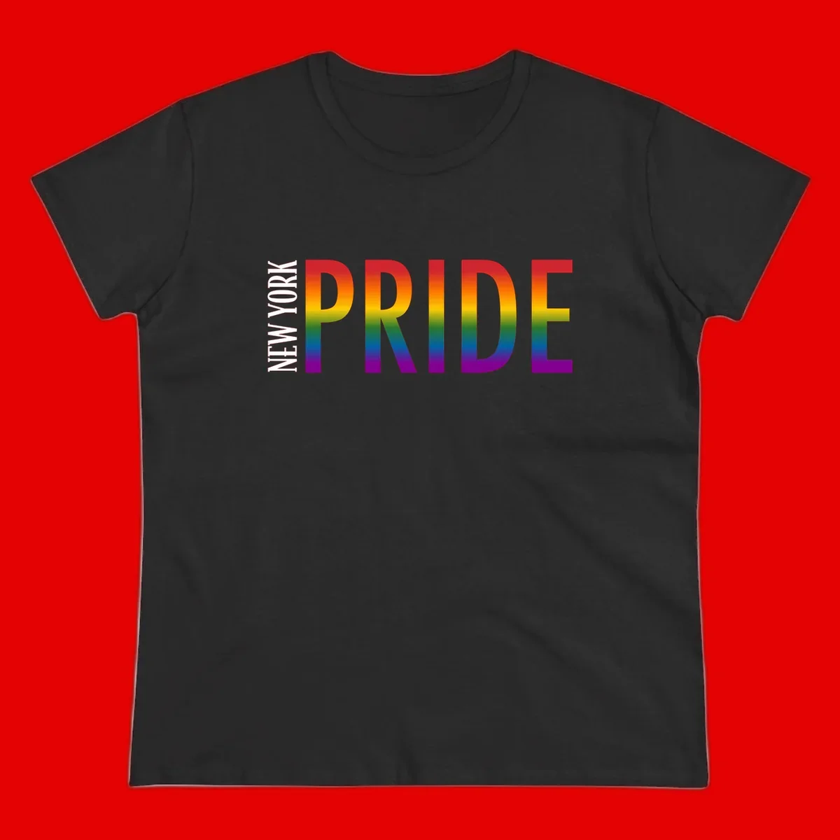 Pride rainbow gradient text design with bold letters transitioning through red, orange, yellow, green, blue, and purple spectrum colors
