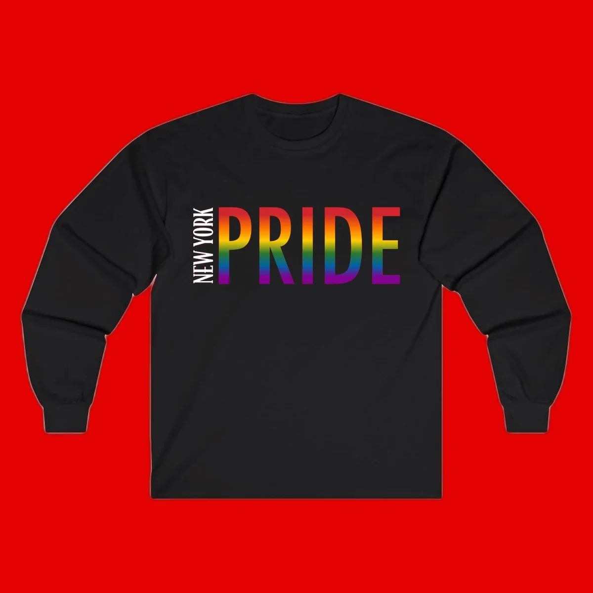 Pride rainbow gradient text design with bold letters transitioning through red, orange, yellow, green, blue, and purple spectrum colors