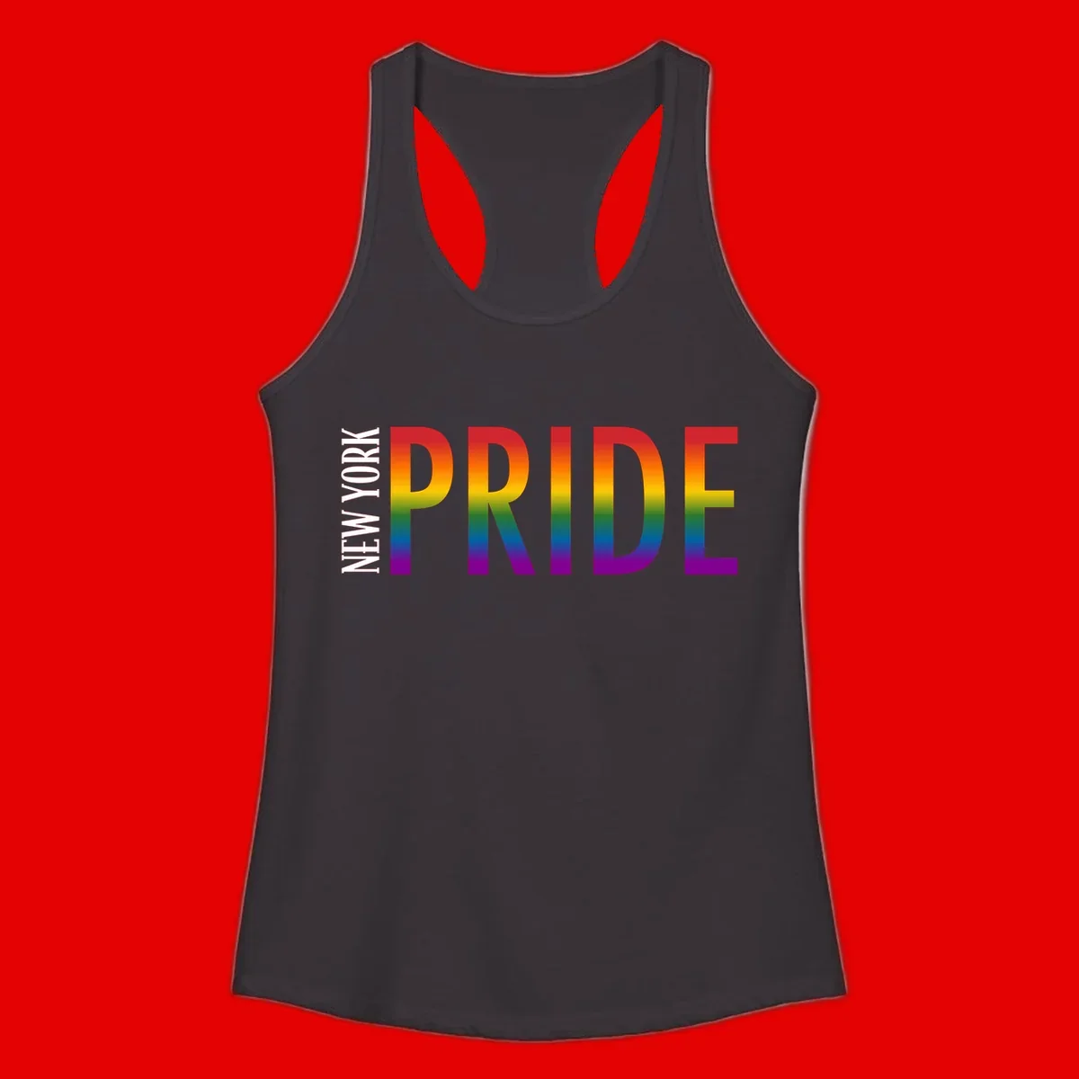 Pride rainbow gradient text design with bold letters transitioning through red, orange, yellow, green, blue, and purple spectrum colors