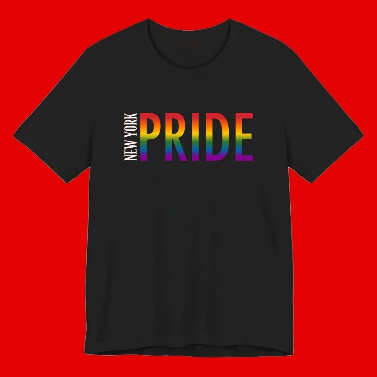 Pride rainbow gradient text design with bold letters transitioning through red, orange, yellow, green, blue, and purple spectrum colors