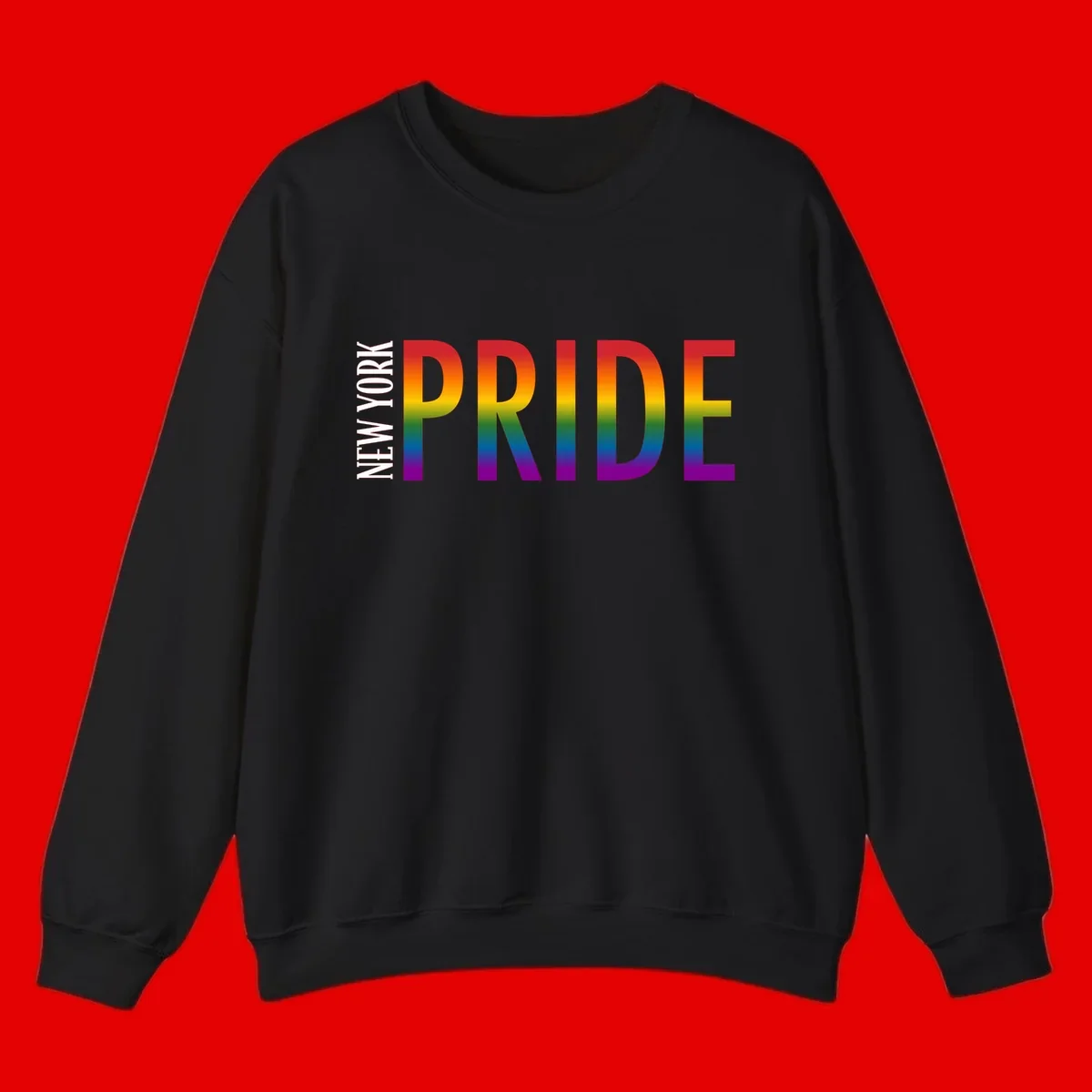 Pride rainbow gradient text design with bold letters transitioning through red, orange, yellow, green, blue, and purple spectrum colors