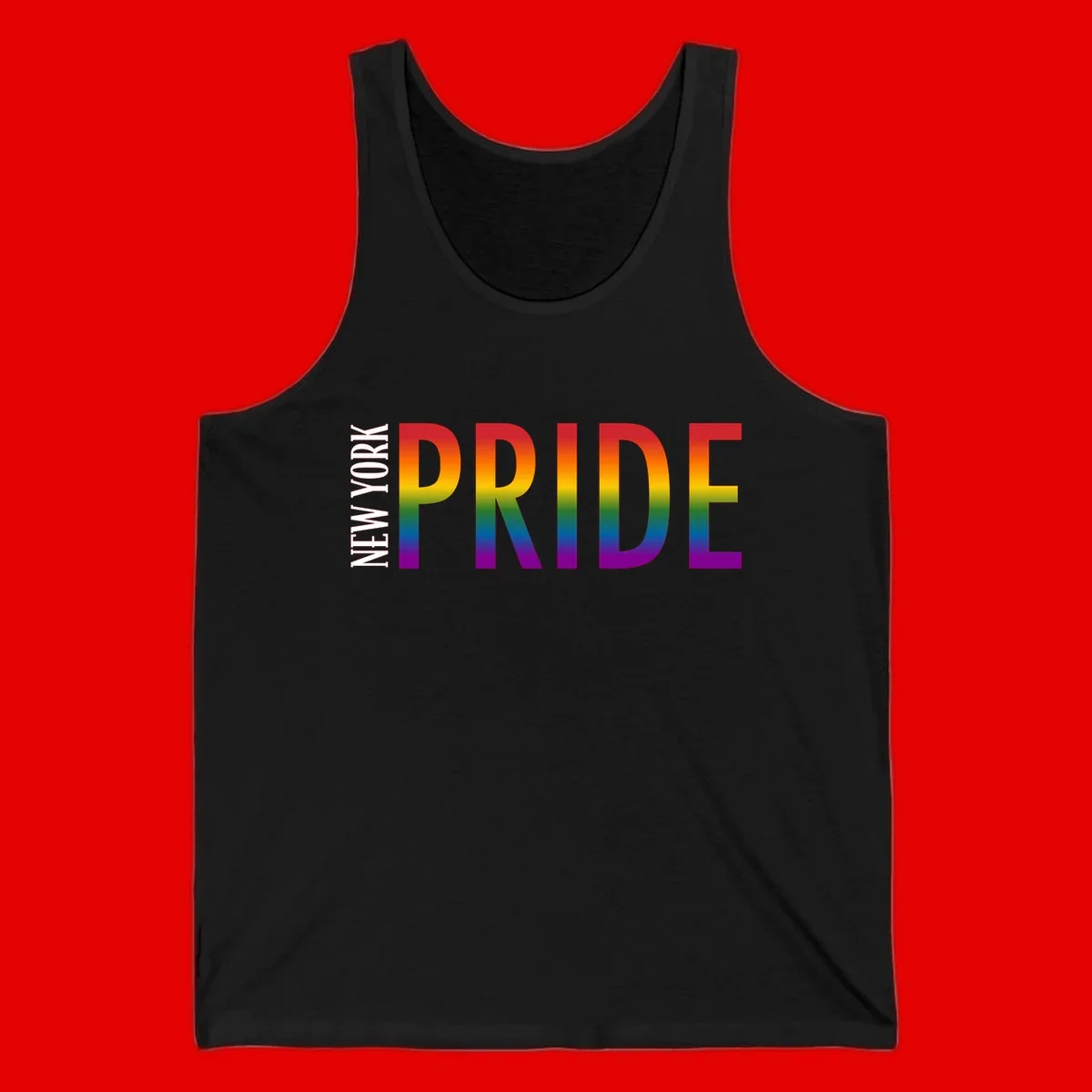 Pride rainbow gradient text design with bold letters transitioning through red, orange, yellow, green, blue, and purple spectrum colors
