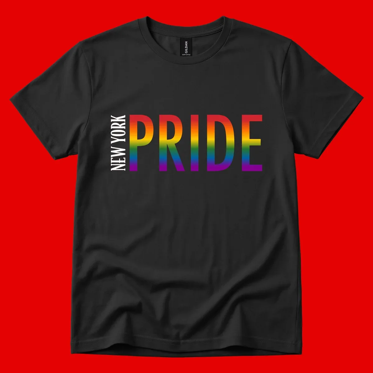 Pride rainbow gradient text design with bold letters transitioning through red, orange, yellow, green, blue, and purple spectrum colors