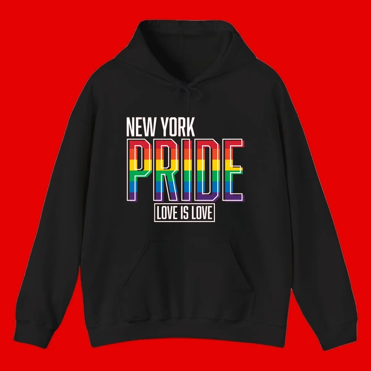 New York Pride Love Is Love design with bold rainbow-striped letters and pride flag colors on gray background