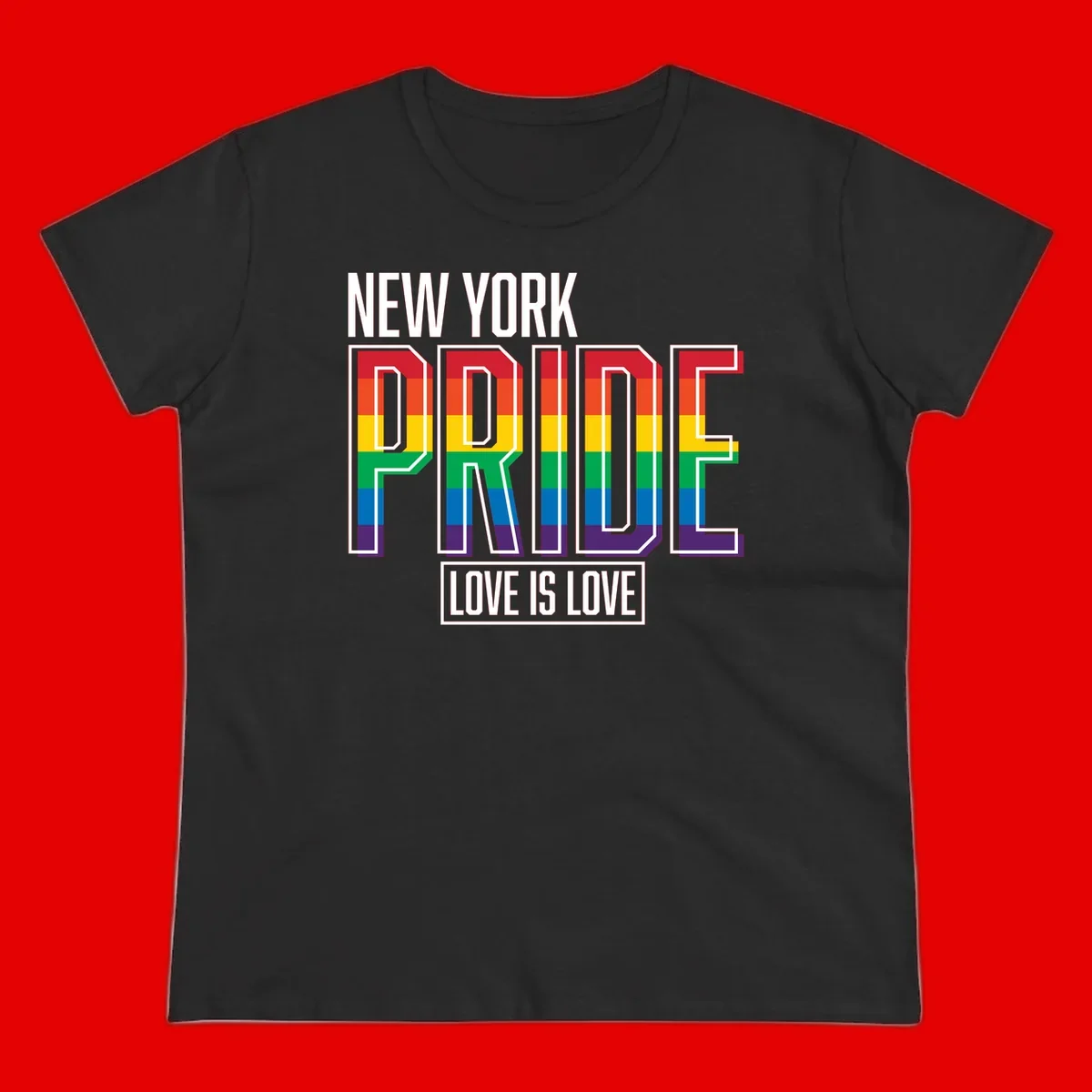 New York Pride Love Is Love design with bold rainbow-striped letters and pride flag colors on gray background