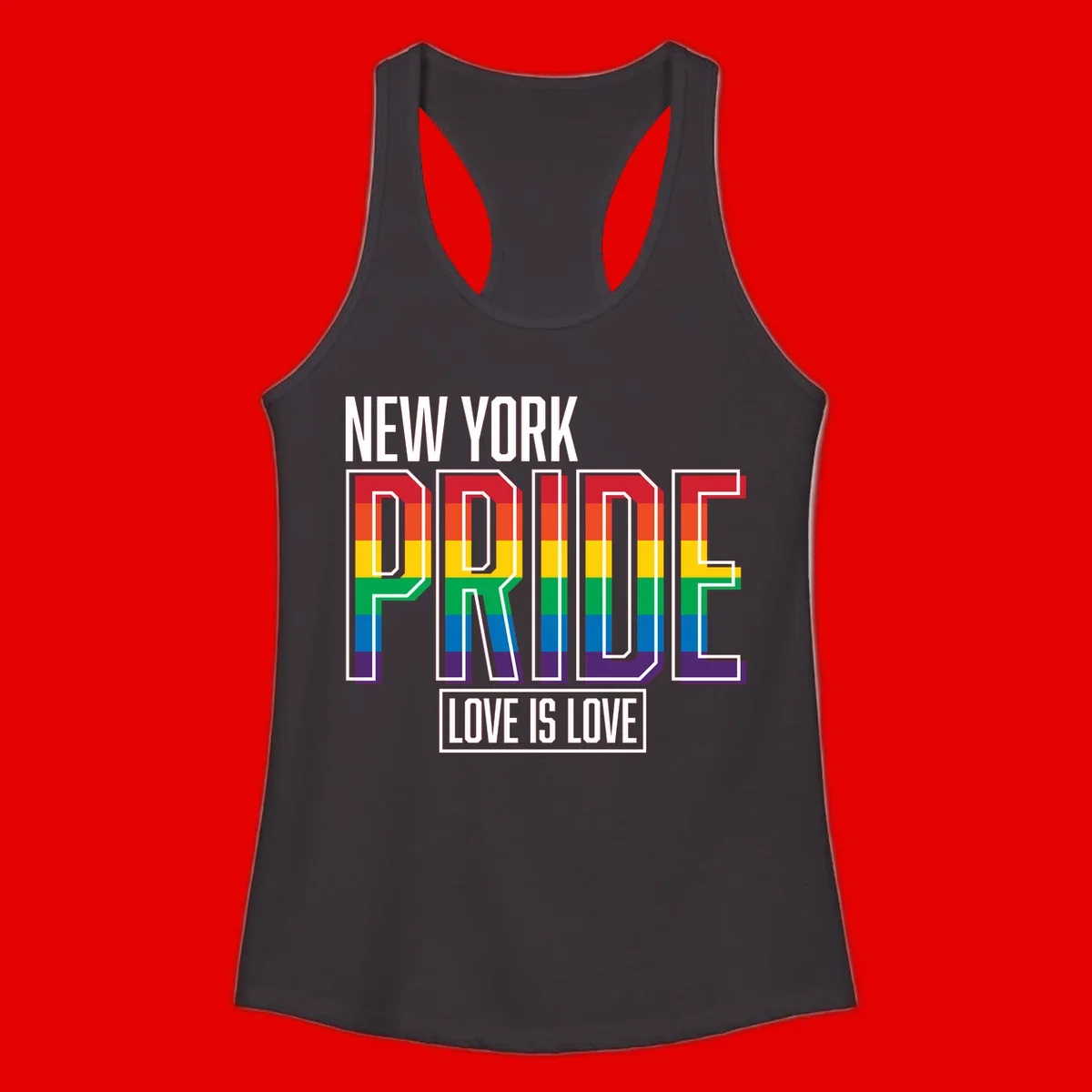 New York Pride Love Is Love design with bold rainbow-striped letters and pride flag colors on gray background